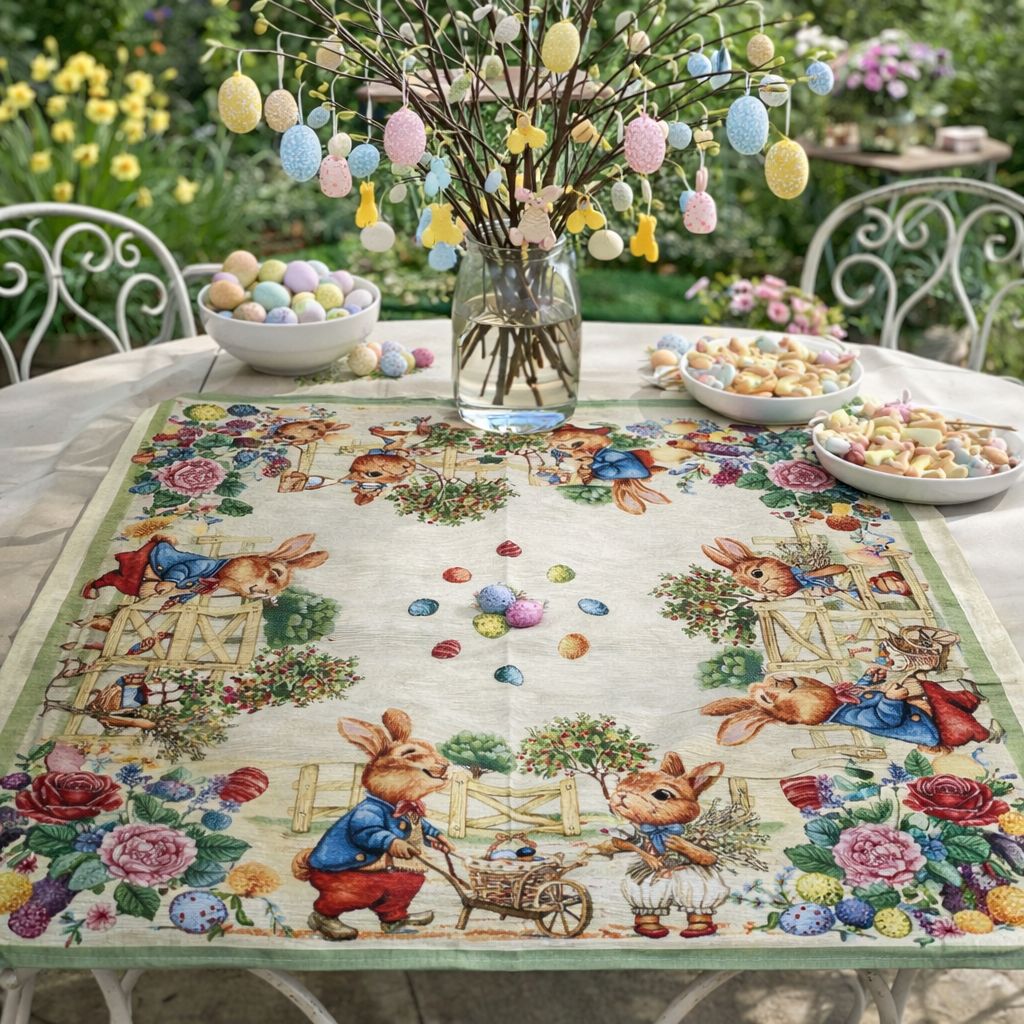 Centro tavola gobelin 90x90 Coniglietti e campagna