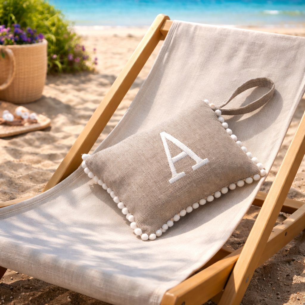 Pochette effetto lino con pon pon e cifra