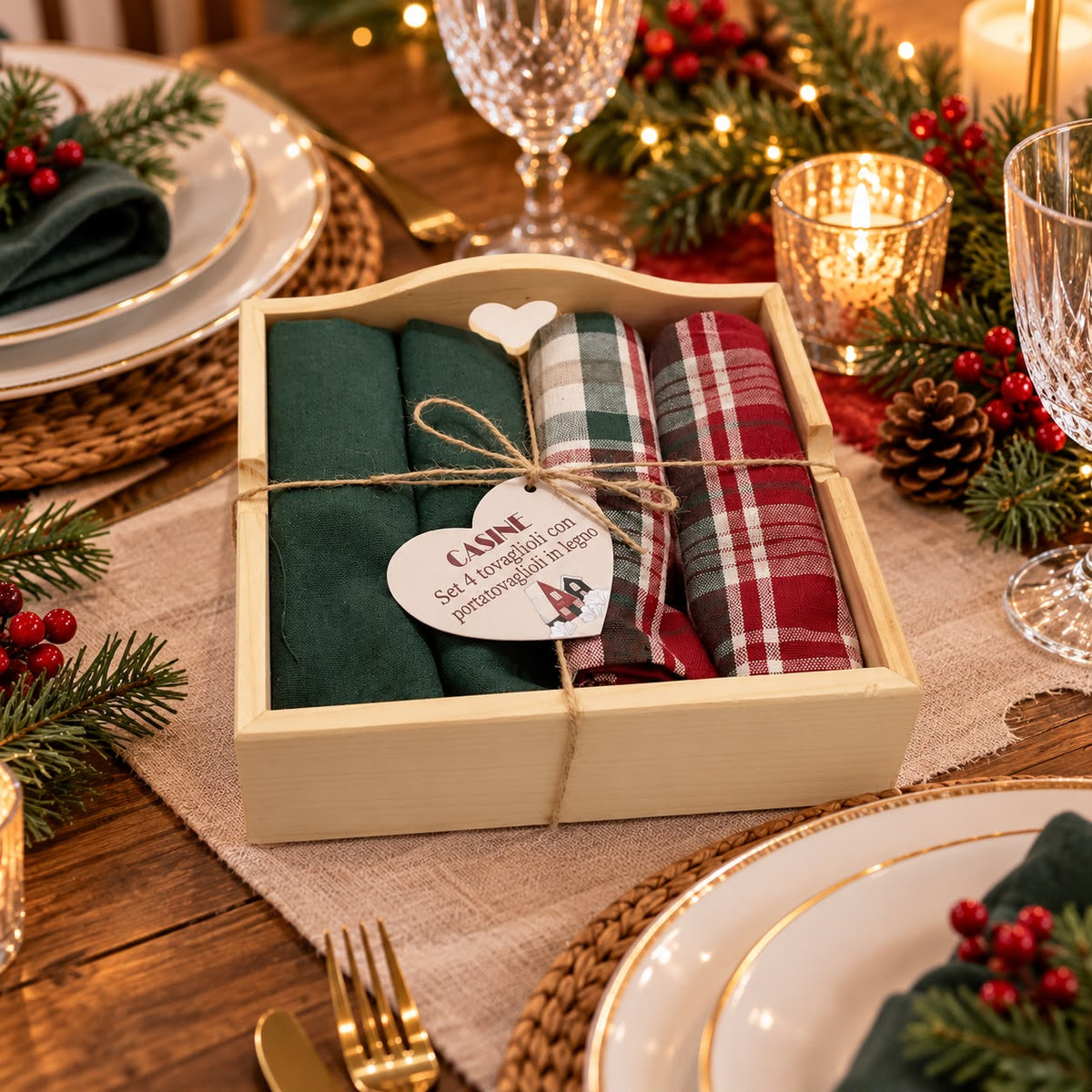 Set 4 tovaglioli con porta tovaglioli in legno