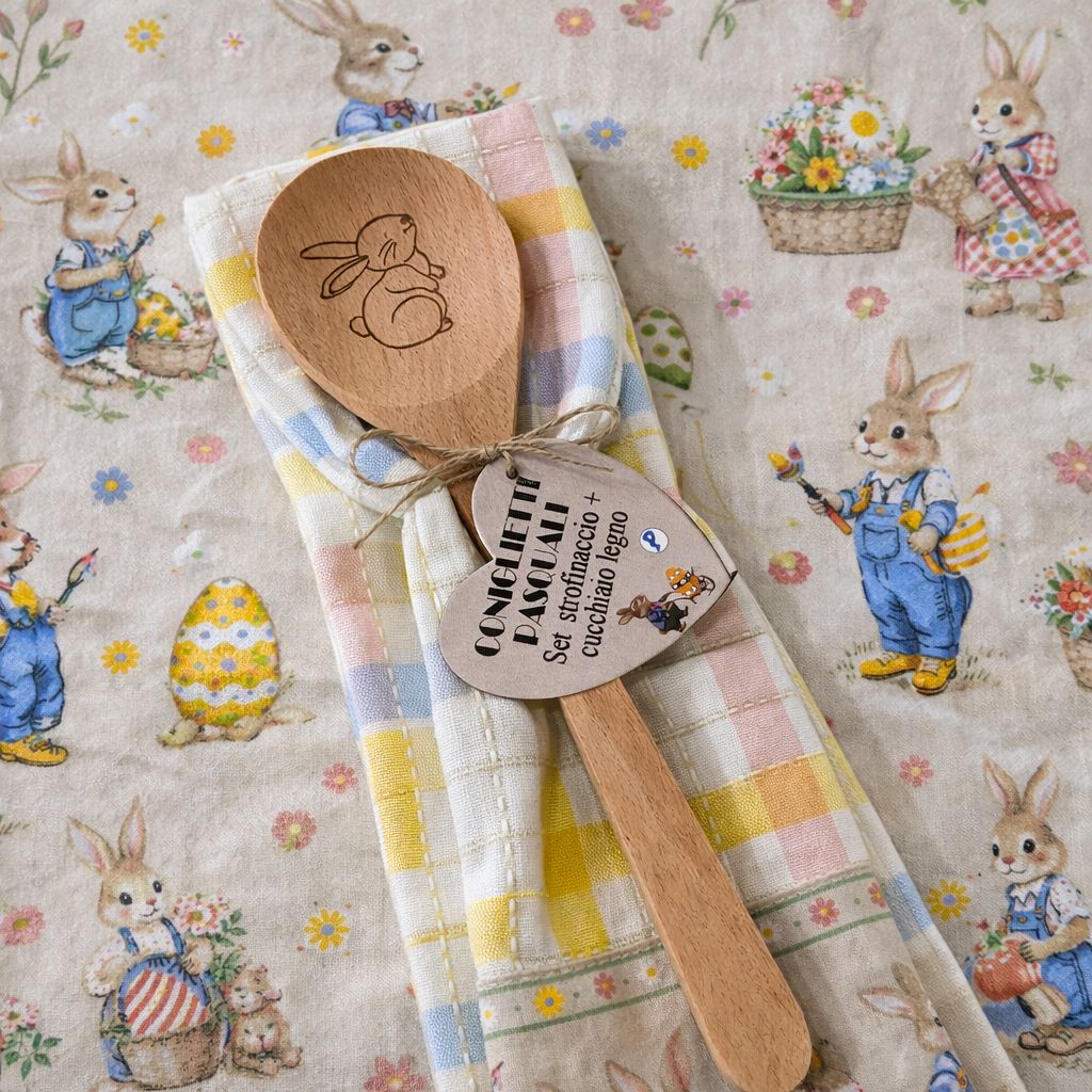 Set strofinaccio+ cucchiaio legno coniglietti pasquali