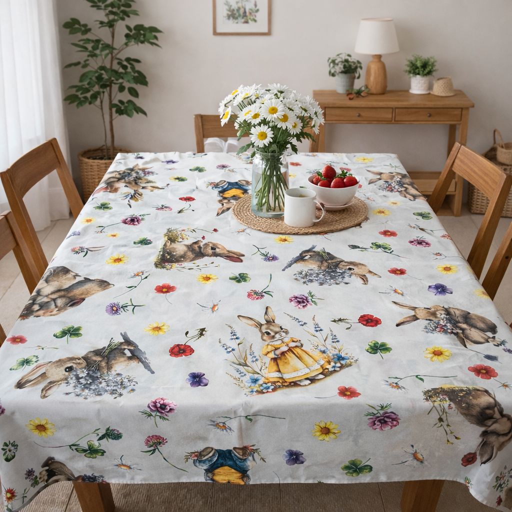 Tovaglia antimacchia Conigli e fiori