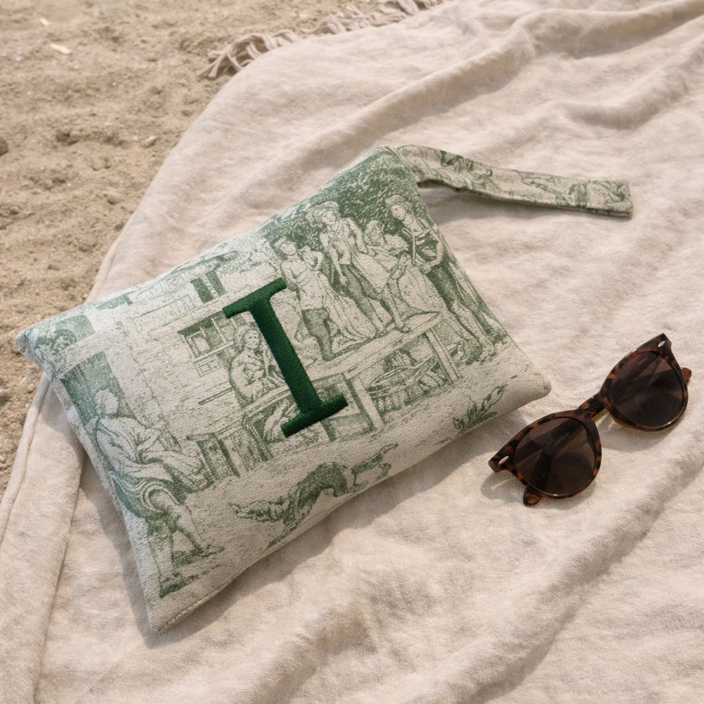 Pochette con stampa toile de Jouy e cifra