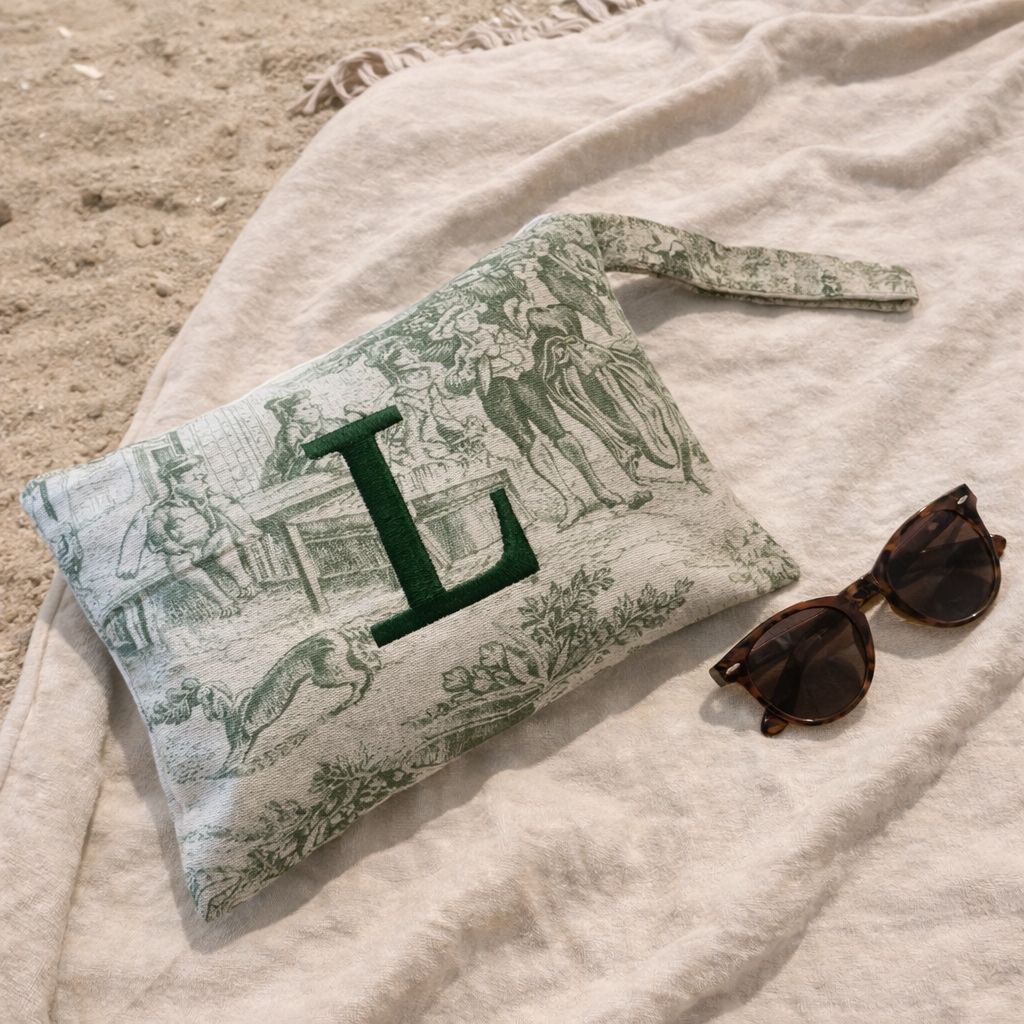 Pochette con stampa toile de Jouy e cifra