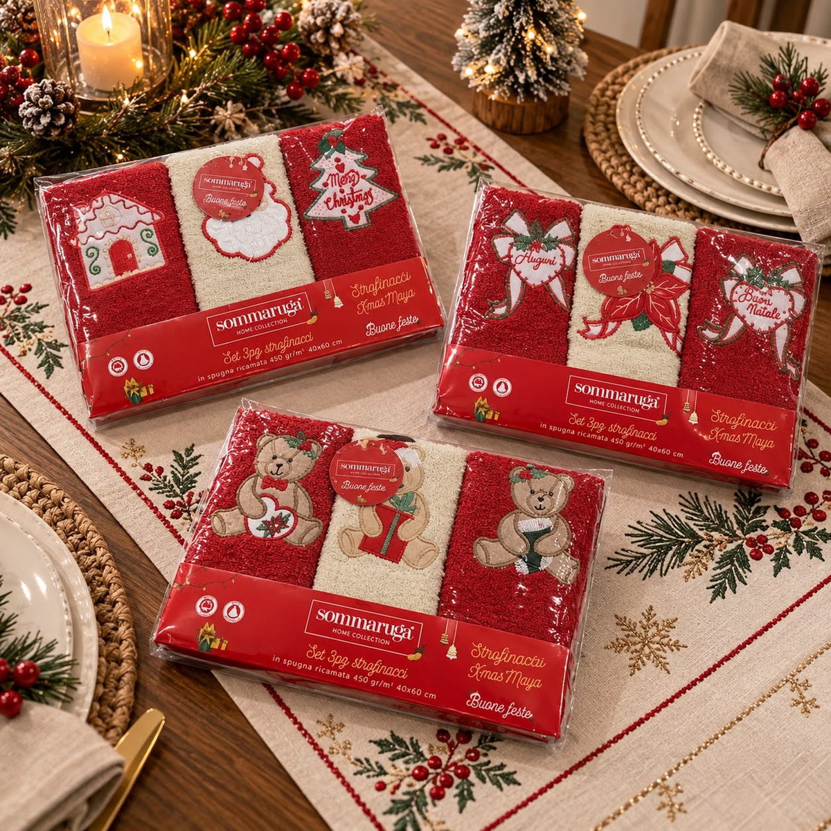 Set 3 strofinacci in spugna ricamata xmas Maya