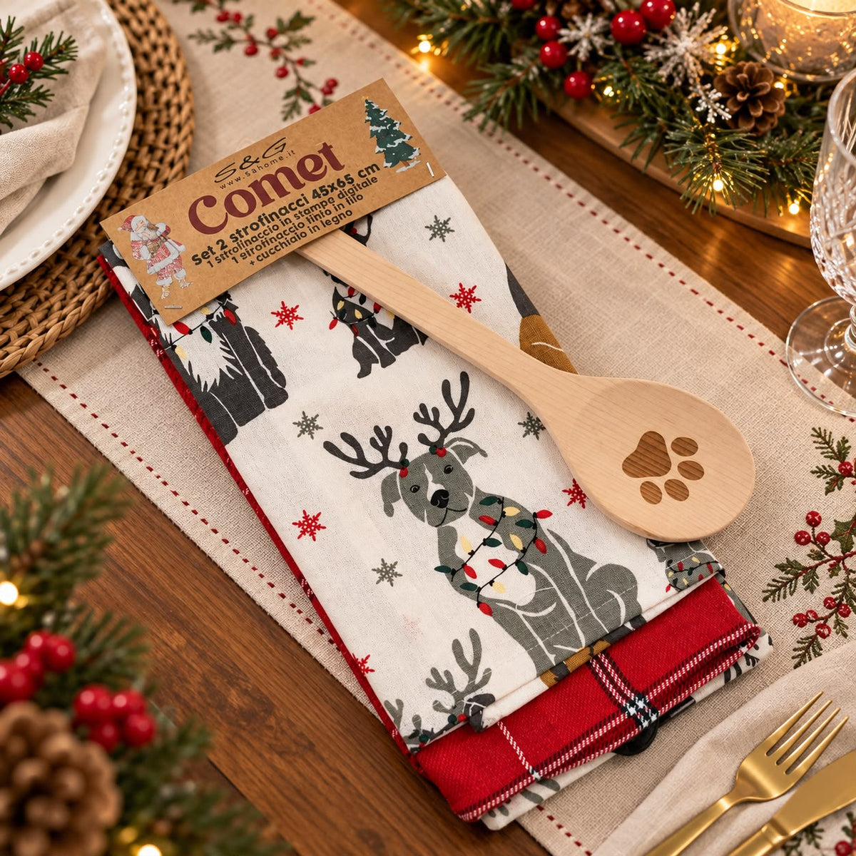 Set 2 strofinacci + cucchiaio in legno Comet (fantasia casuale)