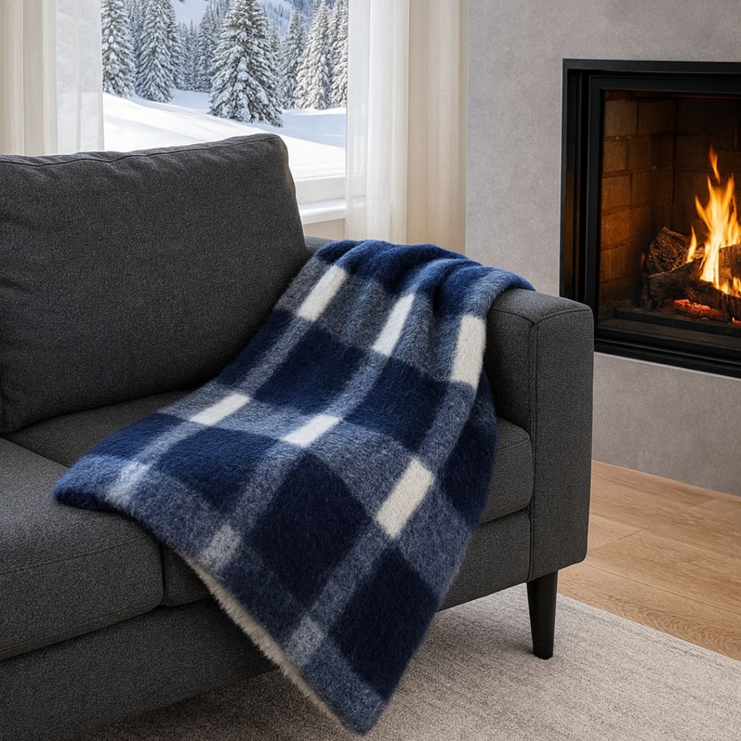 Coperta Lana Vergine Mohair Quadretti Blu