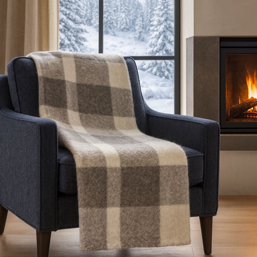 Coperta Lana Vergine Mohair Quadretti Blu