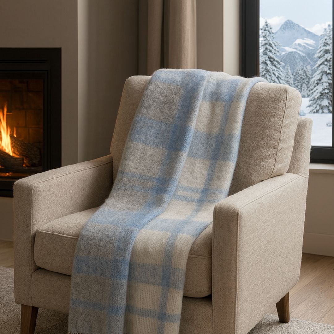 Coperta Lana Vergine Mohair Quadretti Blu