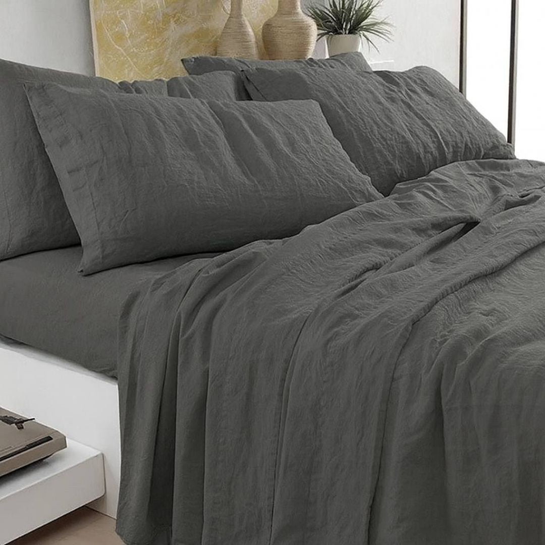 Completo Copripiumino Matrimoniale Lino E Cotone Stone Wash