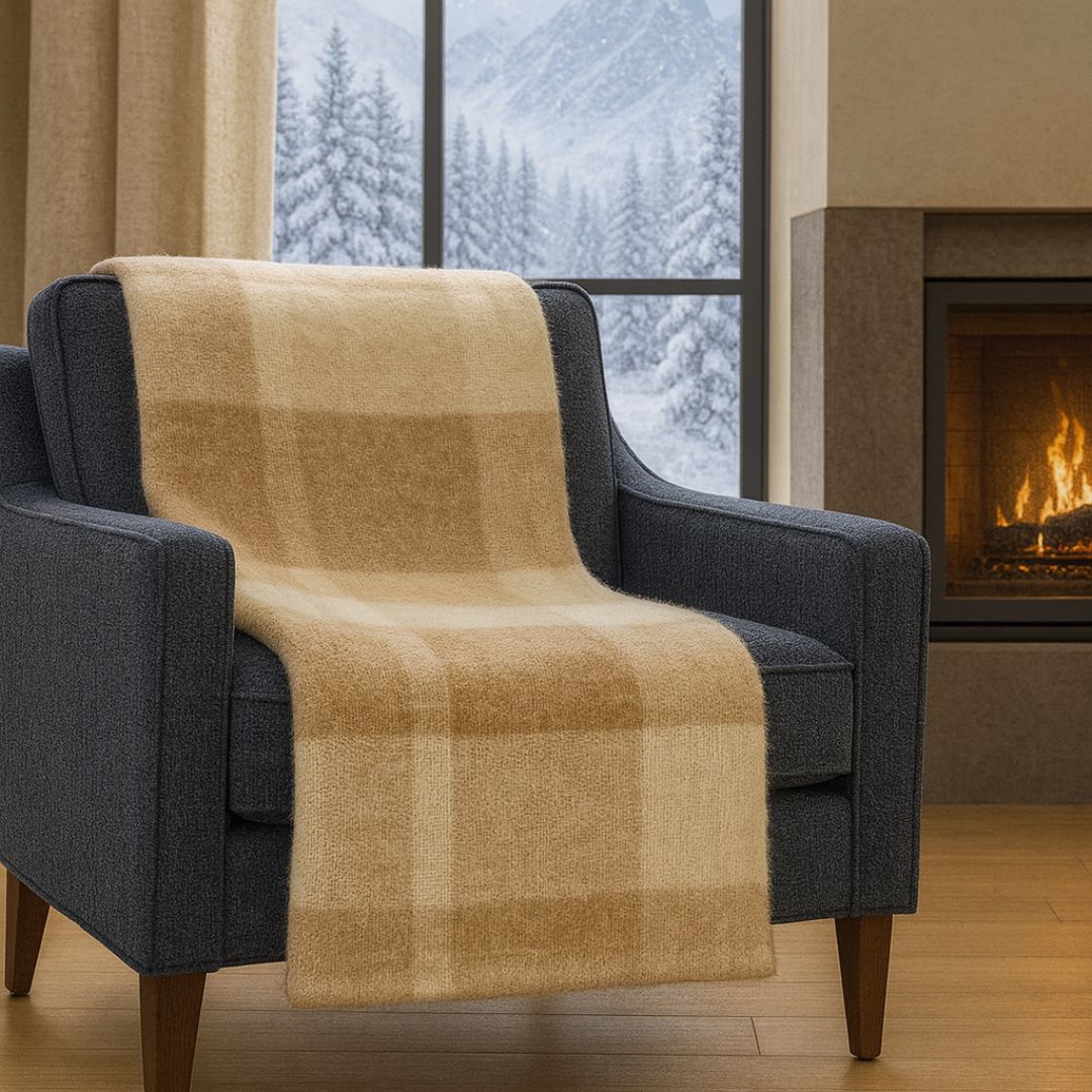Coperta Lana Vergine Mohair Quadretti Blu