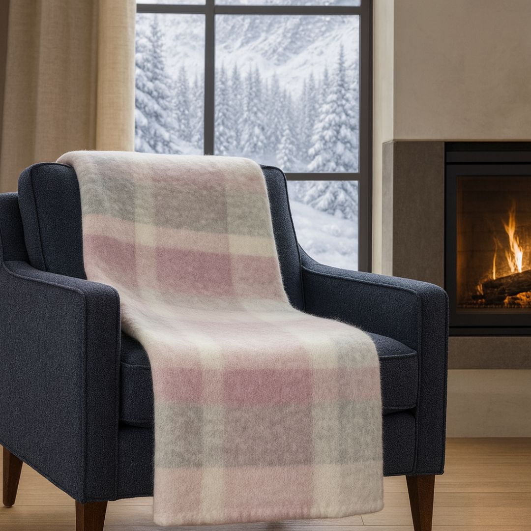 Coperta Lana Vergine Mohair Quadretti Blu