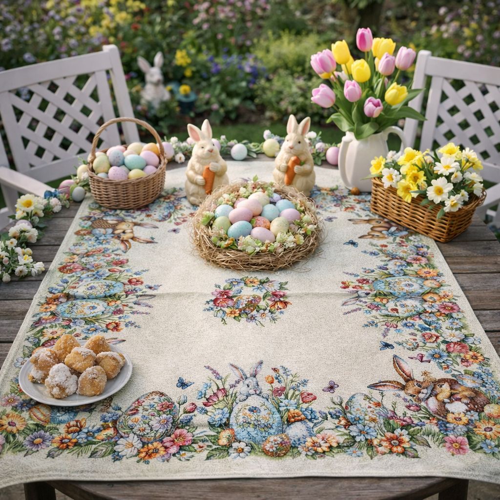 Centro tavola gobelin 90x90 Bunny & flowers