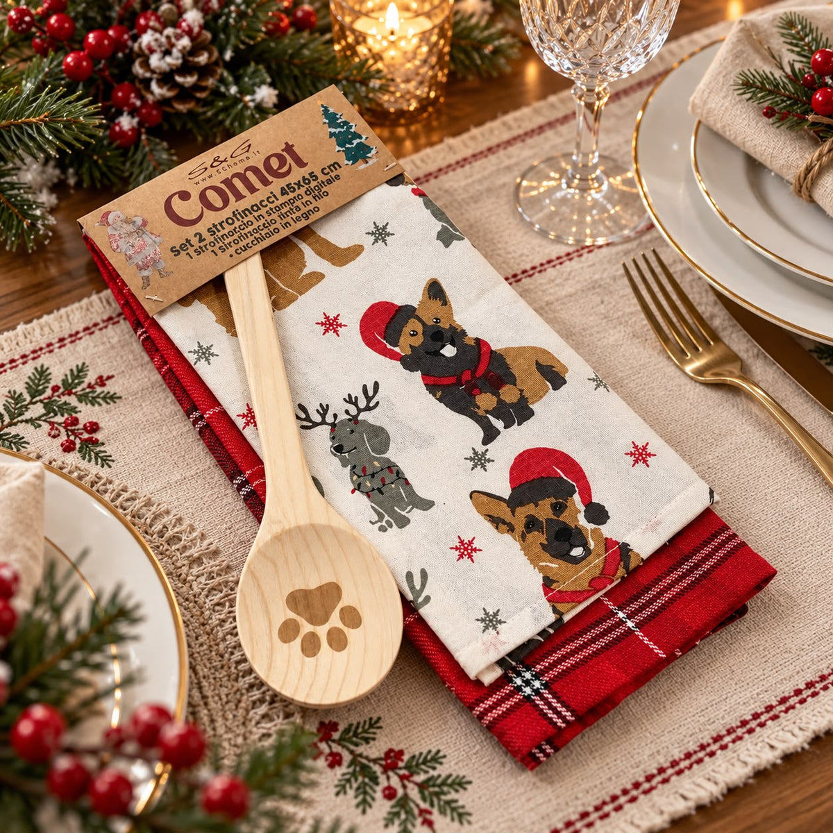 Set 2 strofinacci + cucchiaio in legno Comet (fantasia casuale)