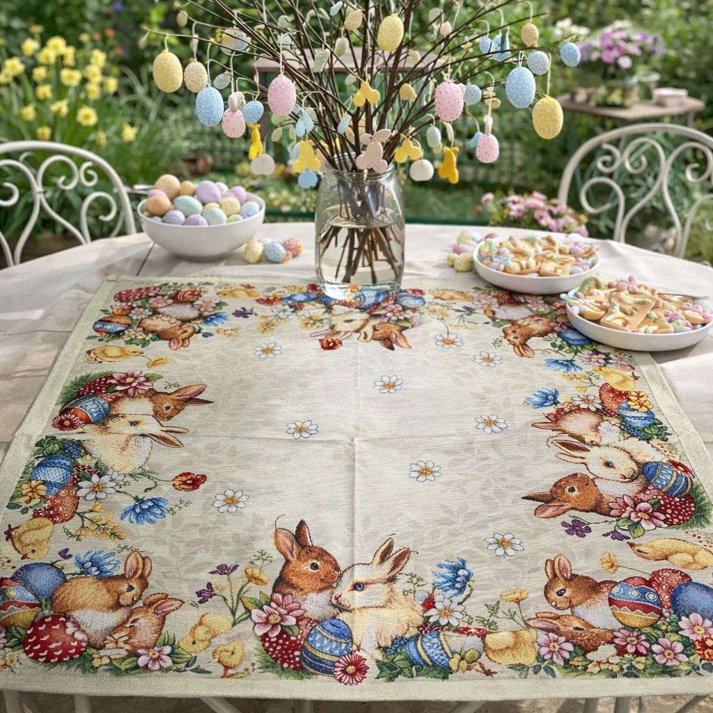 Centro tavola gobelin 90x90 coniglietti e pulcini