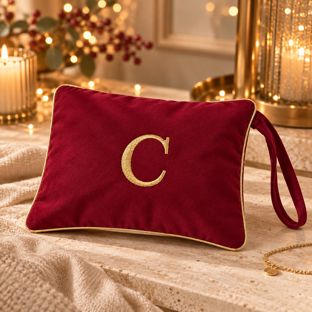 Pochette con Cifra Velluto Bordeaux