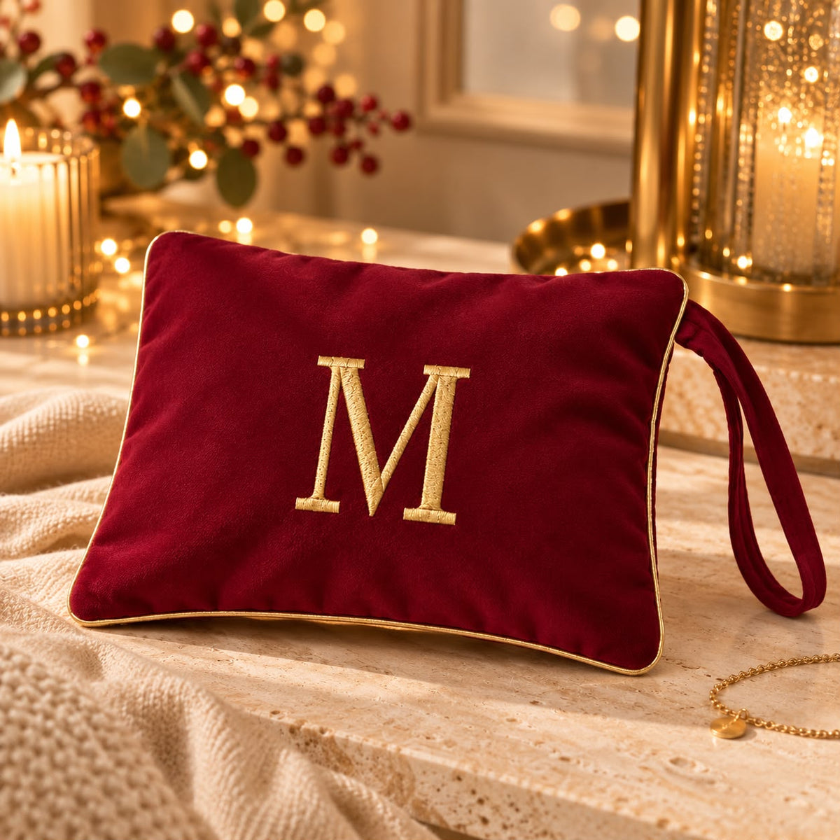 Pochette con Cifra Velluto Bordeaux