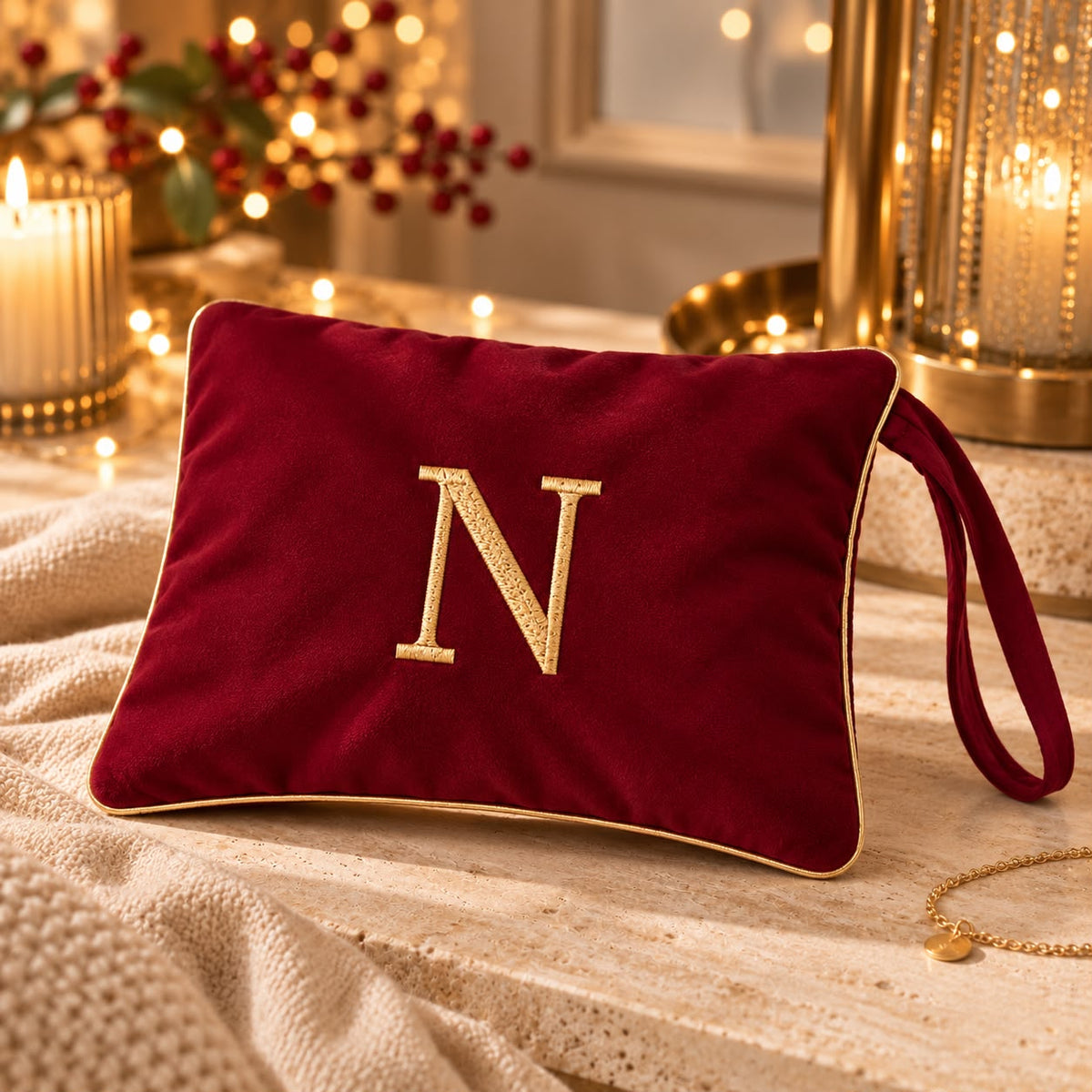 Pochette con Cifra Velluto Bordeaux