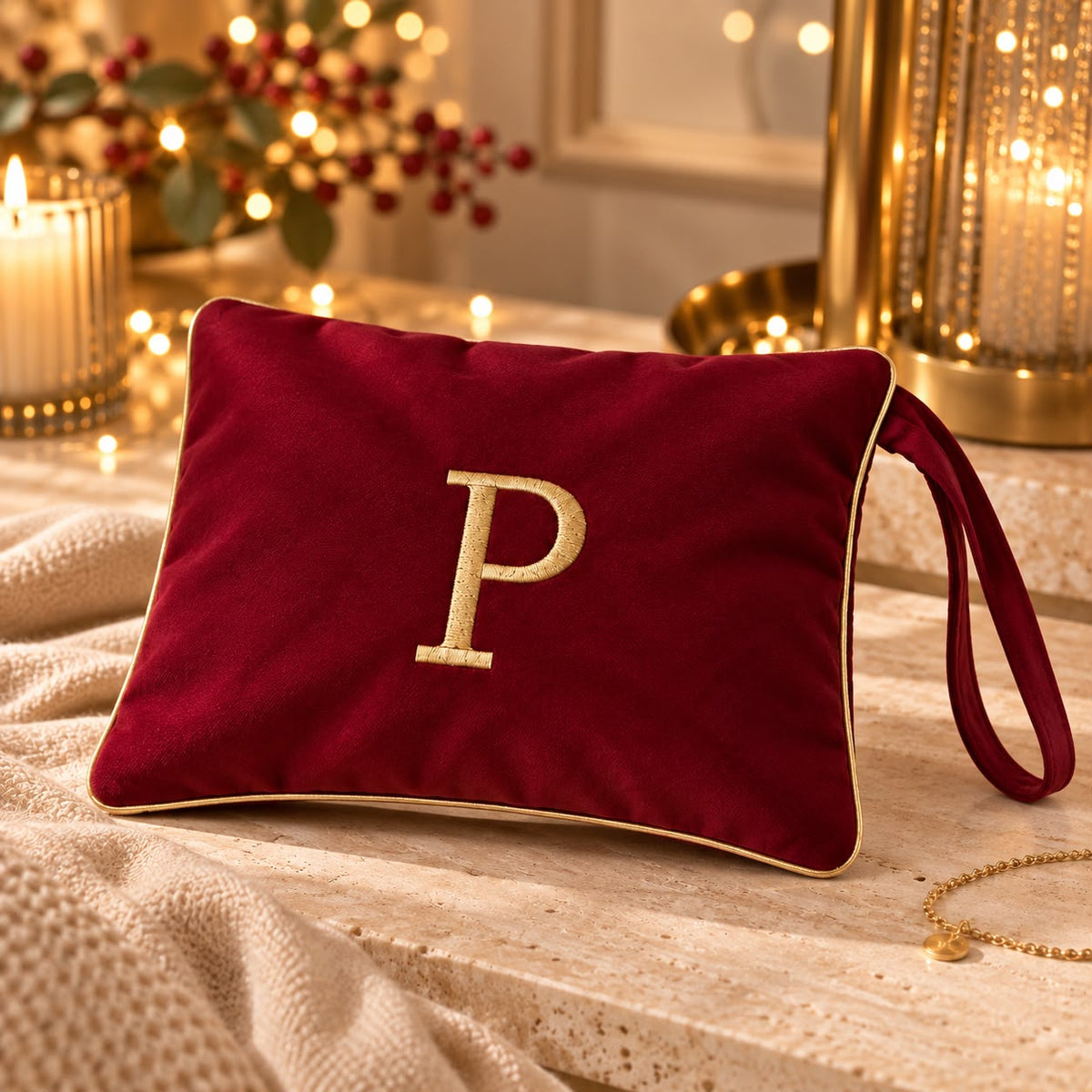 Pochette con Cifra Velluto Bordeaux