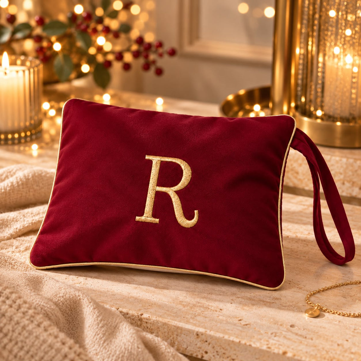 Pochette con Cifra Velluto Bordeaux