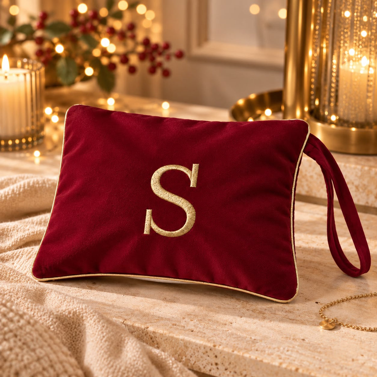Pochette con Cifra Velluto Bordeaux