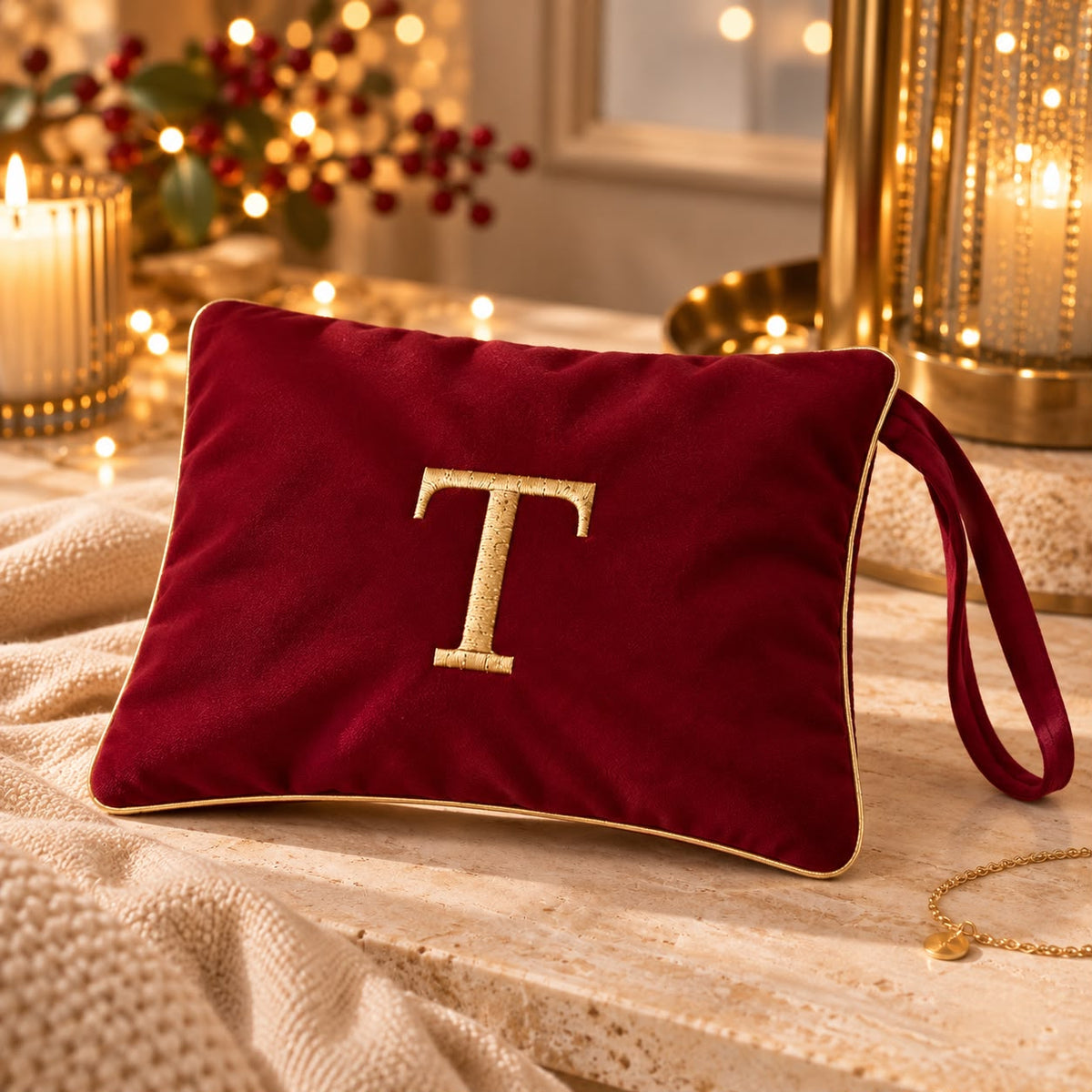 Pochette con Cifra Velluto Bordeaux